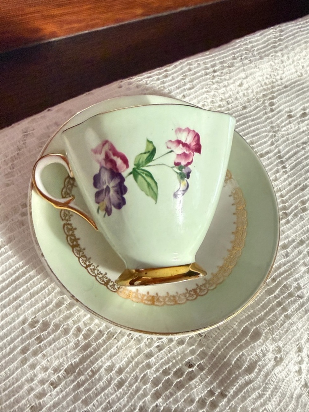 Vintage Floral Teacup and Saucer Set in Pale Green with Gold Trim